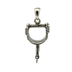 Front layout view of a handmade 925 sterling silver spur pendant showing its polished frame and realistic oxidized details.