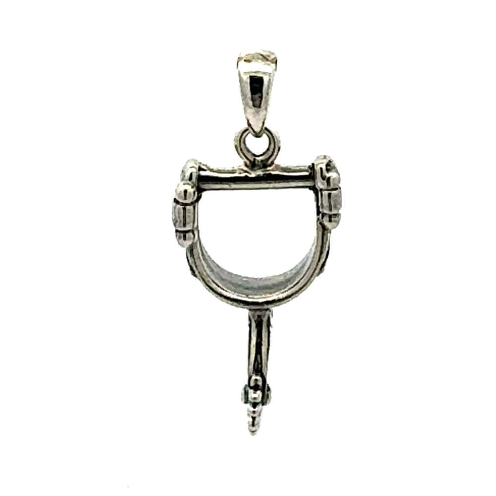 Front layout view of a handmade 925 sterling silver spur pendant showing its polished frame and realistic oxidized details.