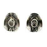 Front layout view of a pair of handmade 925 sterling silver cowboy hat earrings showcasing their unique hand-carved grooved texture.