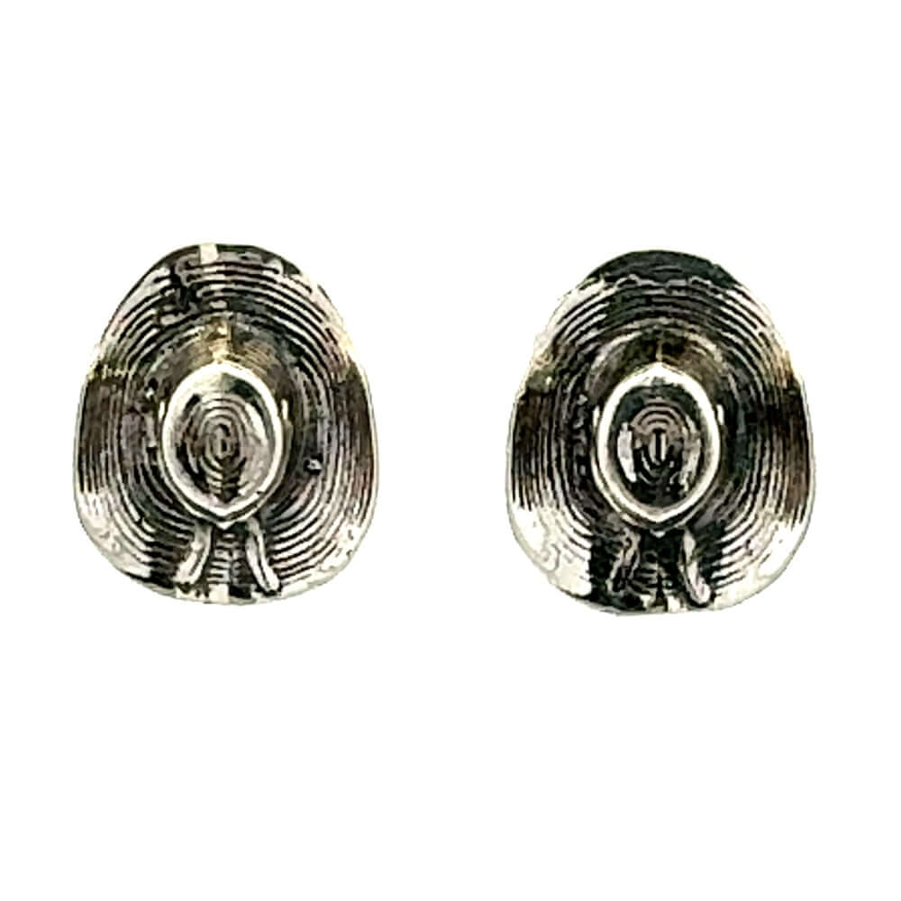 Front layout view of a pair of handmade 925 sterling silver cowboy hat earrings showcasing their unique hand-carved grooved texture.