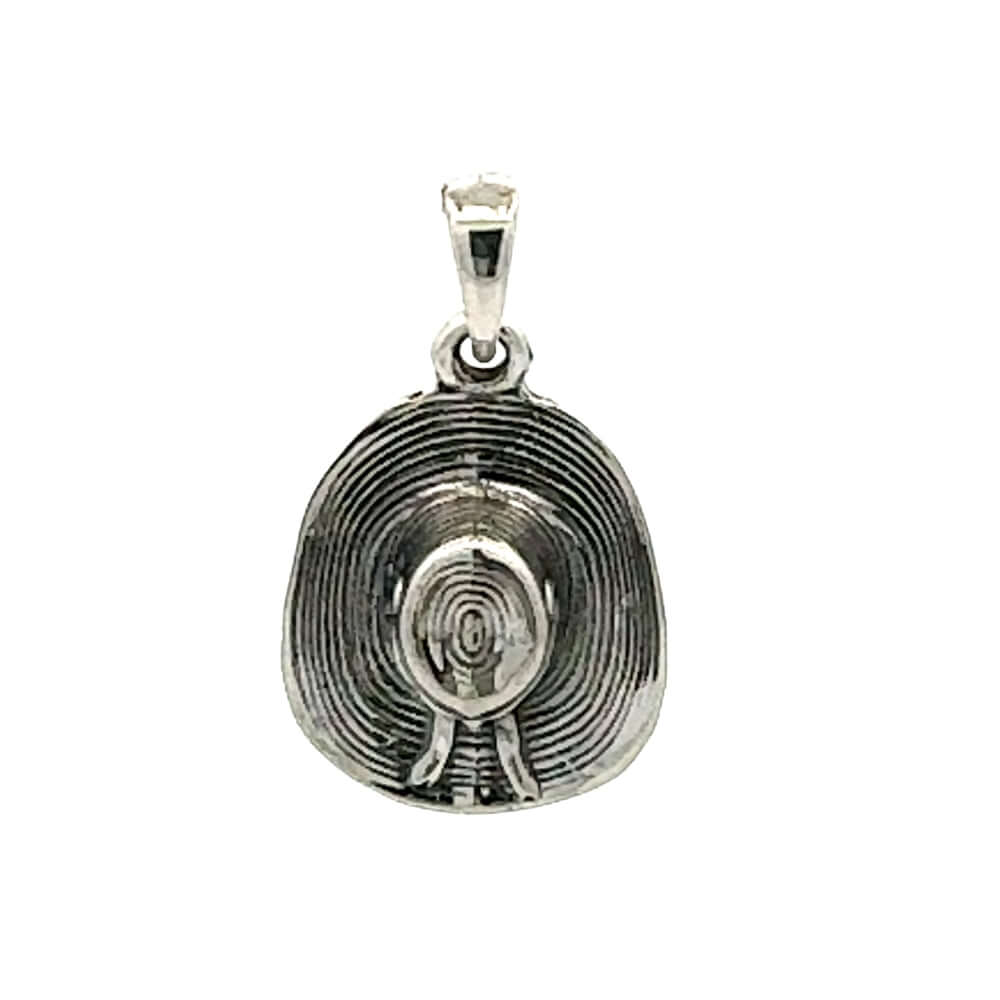 Front layout view of a handmade 925 sterling silver cowgirl medium hat pendant showcasing its unique hand-carved grooved texture.