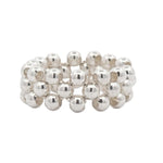 Front layout view of a handmade 925 sterling silver triple-row small bead elastic ring showcasing its flexible woven design.