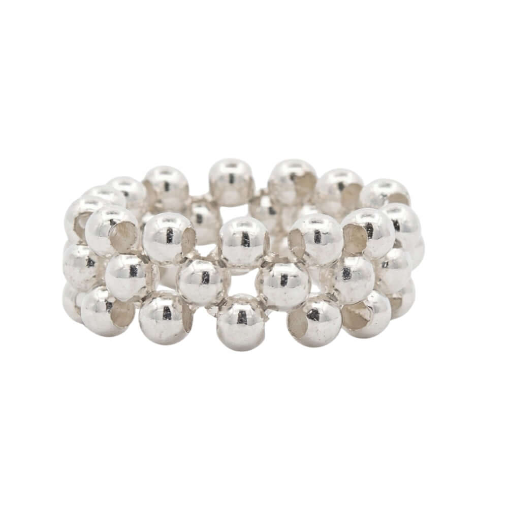 Front layout view of a handmade 925 sterling silver triple-row small bead elastic ring showcasing its flexible woven design.