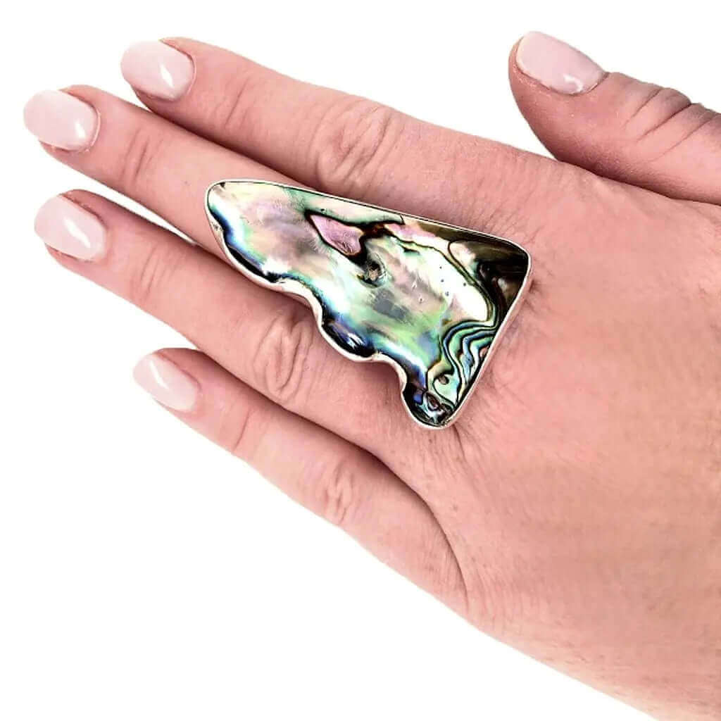 Triangular Abalone Silver Ring with model - Nueve Sterling