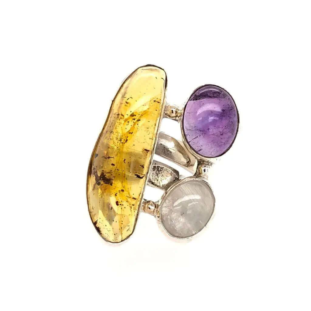 Amber Amethyst Moonstone Silver Ring - Nueve Sterling