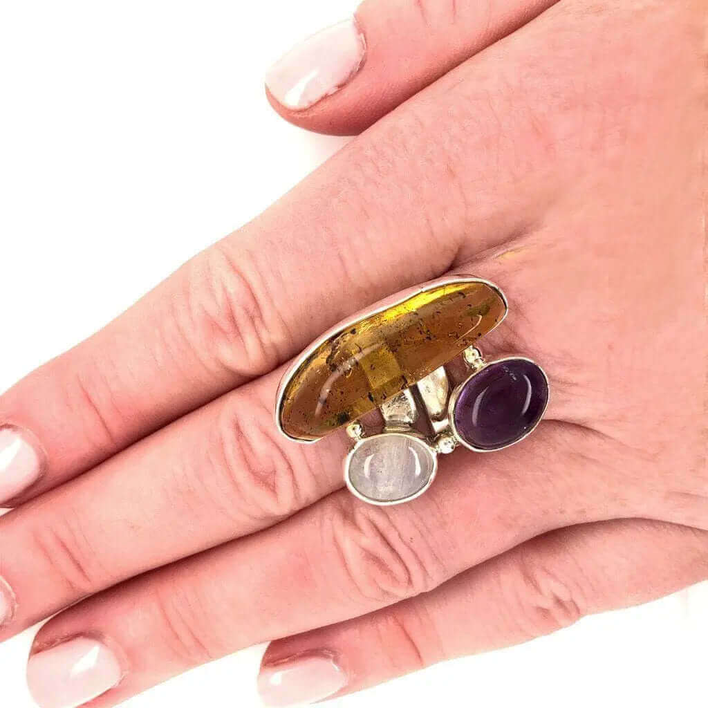 Amber Amethyst Moonstone Silver Ring with model - Nueve Sterling
