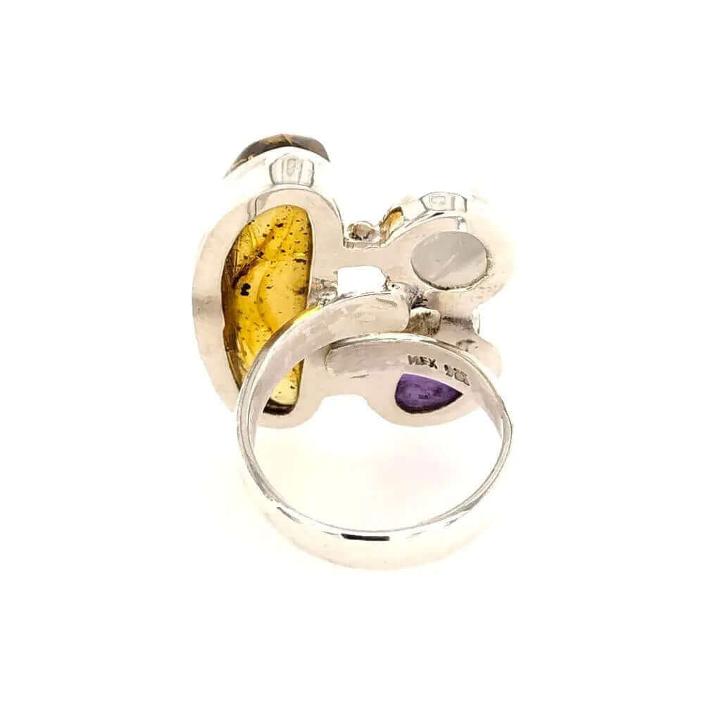 Amber Amethyst Moonstone Silver Ring back - Nueve Sterling