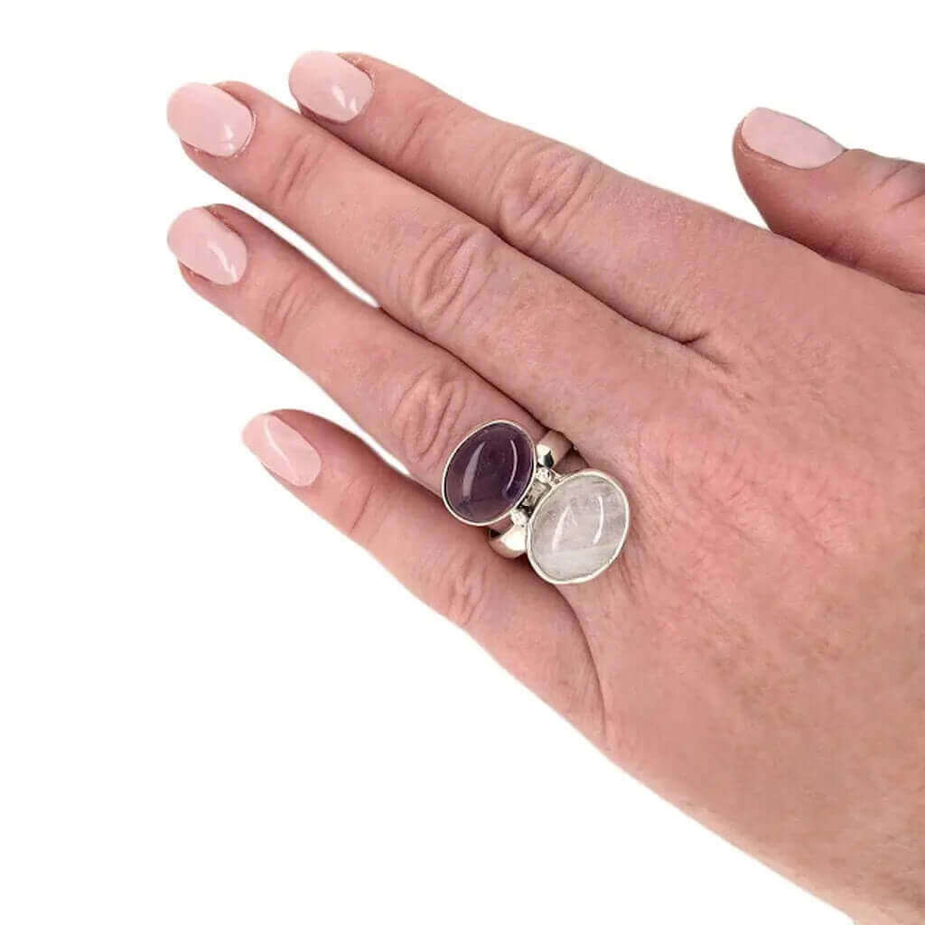 Amethyst Moonstone Silver Ring with model - Nueve Sterling