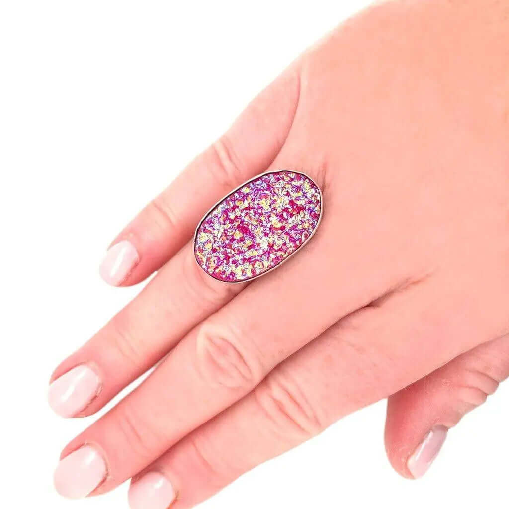 Pink Druzy Silver Ring with model - Nueve Sterling