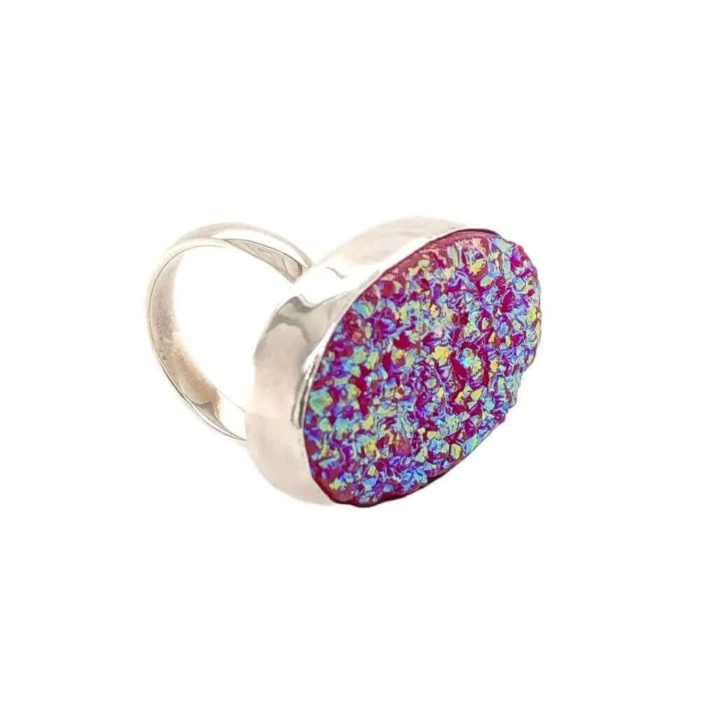 Pink Druzy Silver Ring side - Nueve Sterling