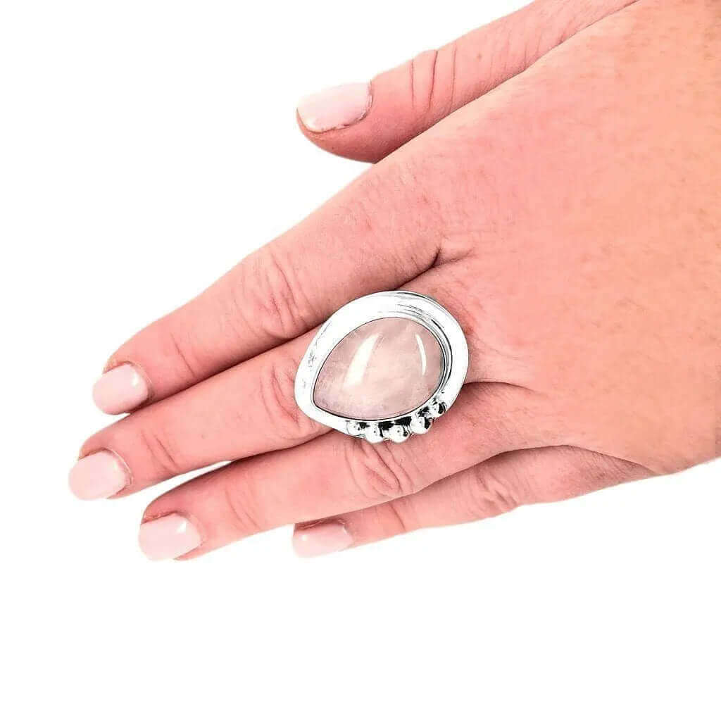 Rose Quartz Silver Ring with model - Nueve Sterling