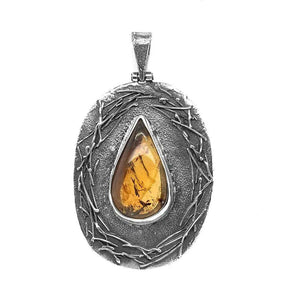 Oxidized Silver Amber Pendant - Nueve Sterling