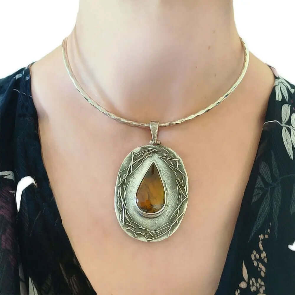 Oxidized Silver Amber Pendant with model - Nueve Sterling