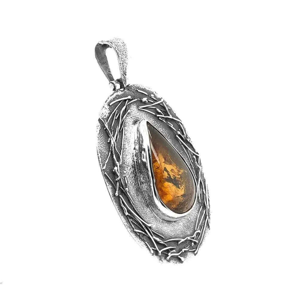 Oxidized Silver Amber Pendant side - Nueve Sterling