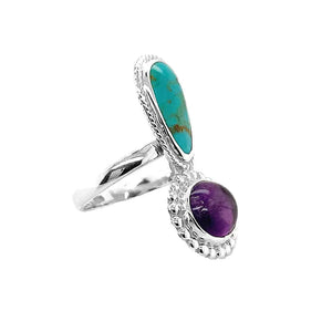Amethyst Turquoise Silver Ring side - Nueve Sterling