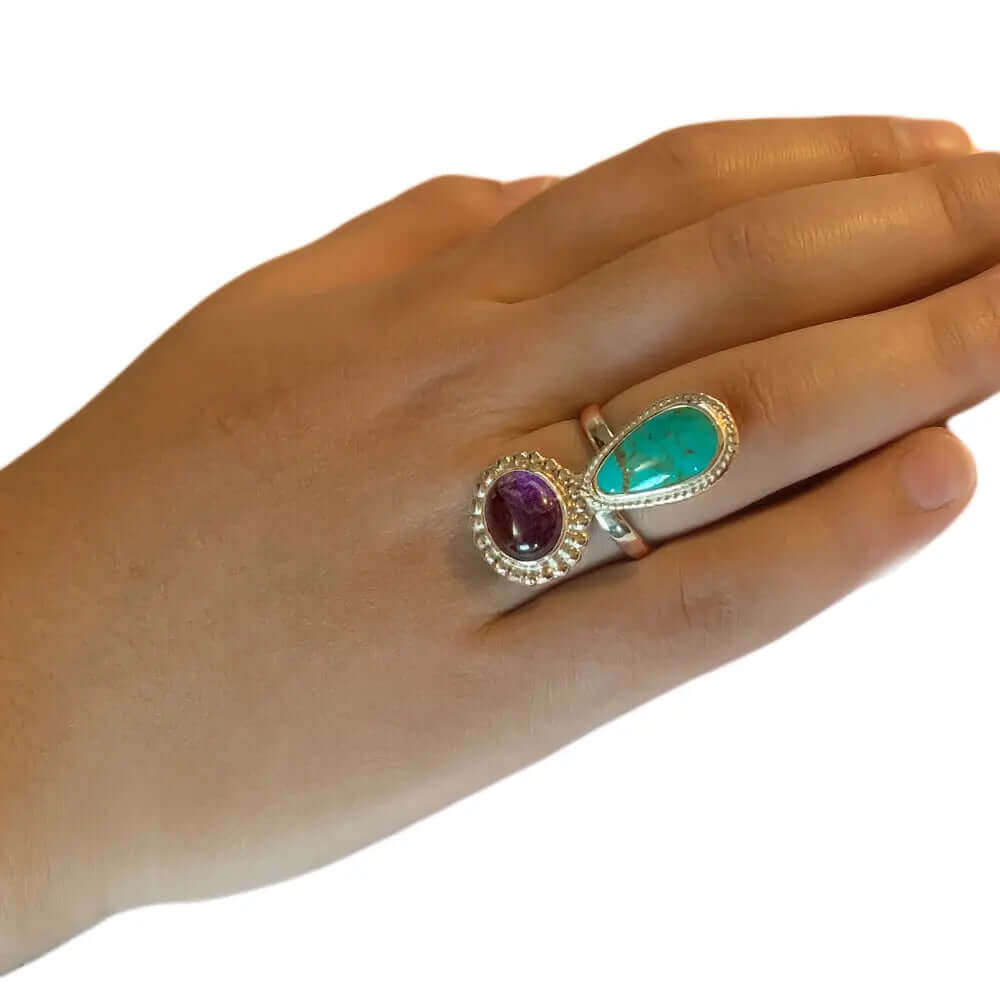 Amethyst Turquoise Silver Ring with model - Nueve Sterling