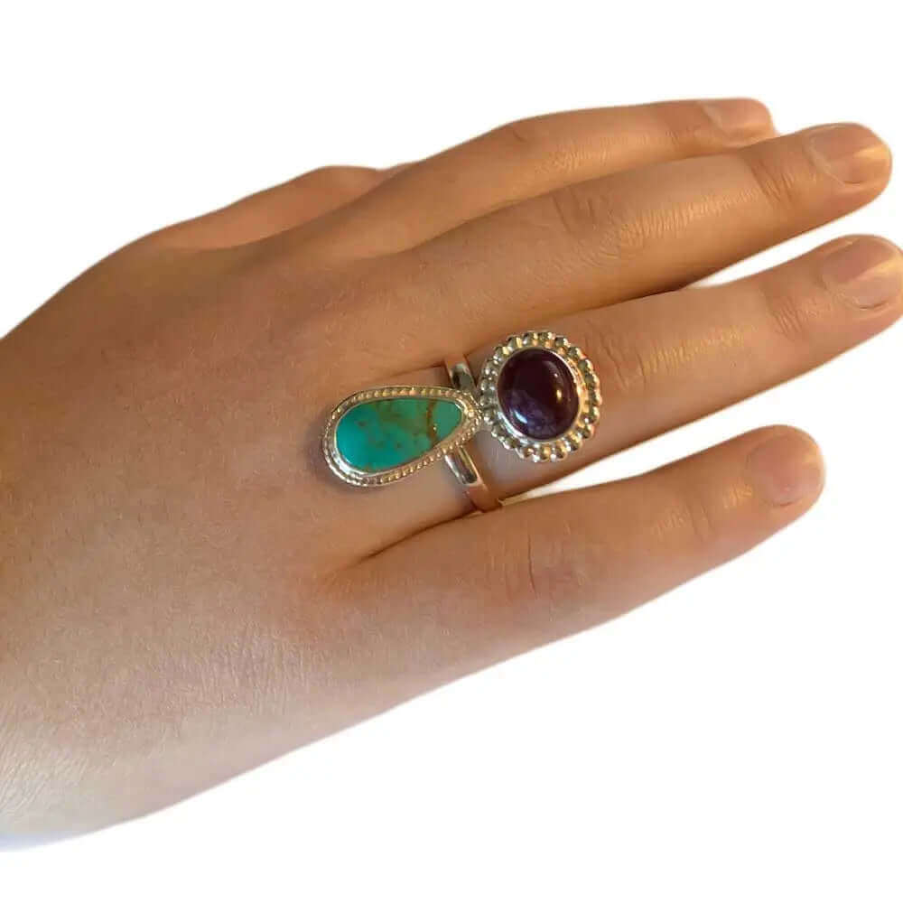 Amethyst Turquoise Silver Ring with model 2 - Nueve Sterling