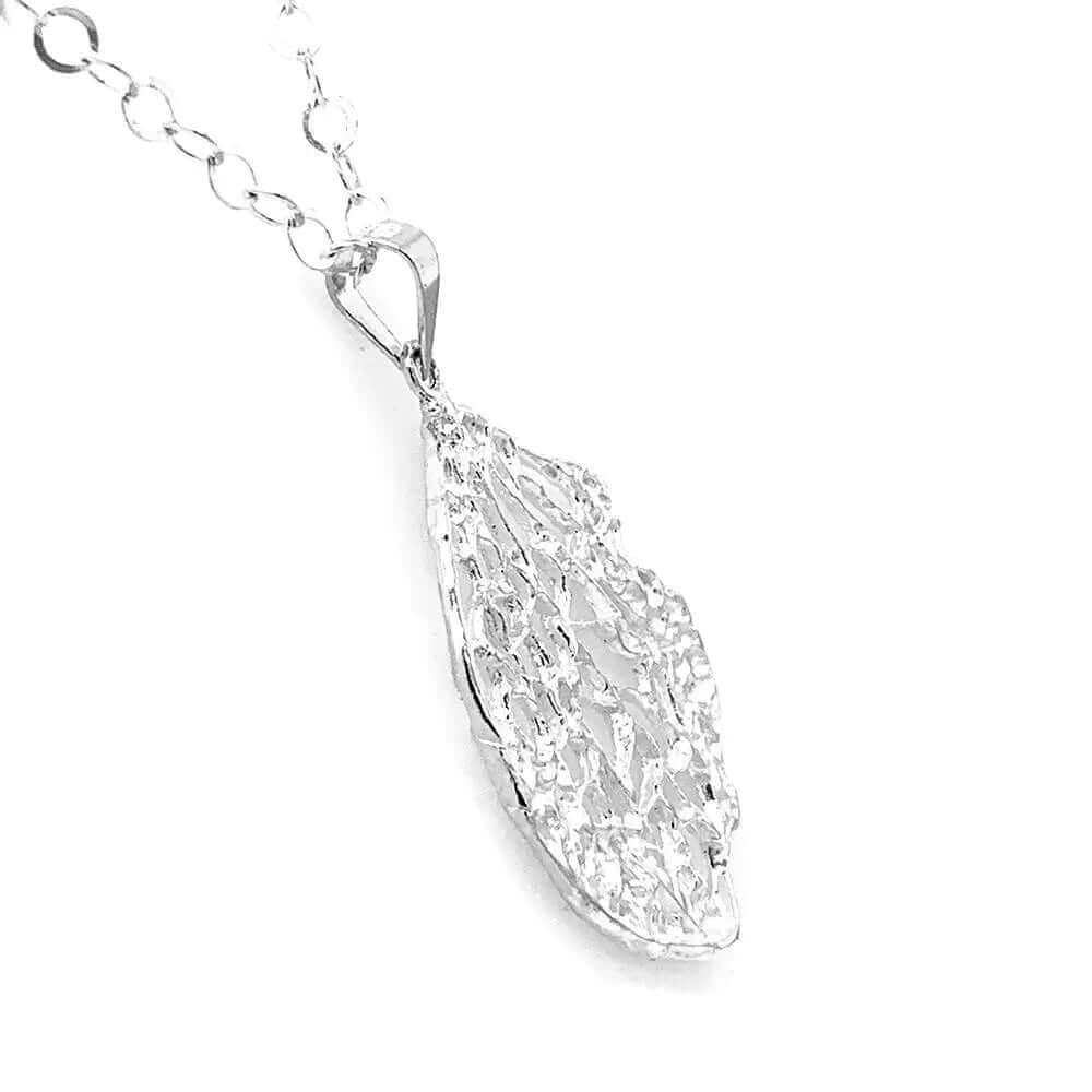 Autumn Leaf Long Silver Necklace side - Nueve Sterling