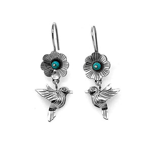 Bird and Flower Silver Earrings - Nueve Sterling