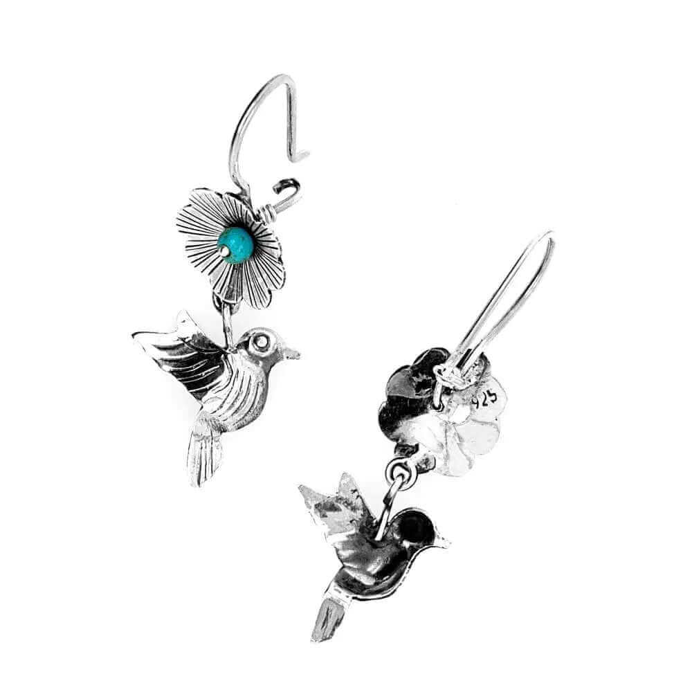 Bird and Flower Silver Earrings back - Nueve Sterling