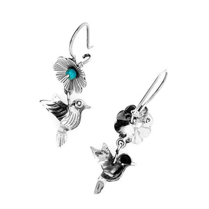 Bird and Flower Silver Earrings back - Nueve Sterling