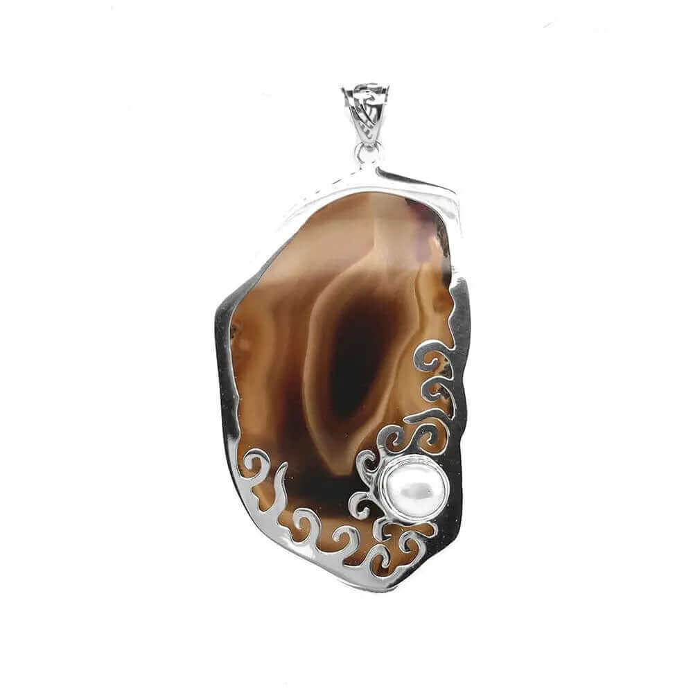 Brown Agate Silver Pendant With Pearl - Nueve Sterling