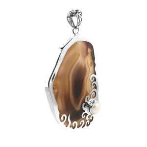 Brown Agate Silver Pendant With Pearl side - Nueve Sterling
