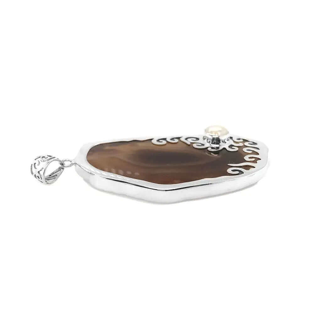 Brown Agate Silver Pendant With Pearl flat - Nueve Sterling