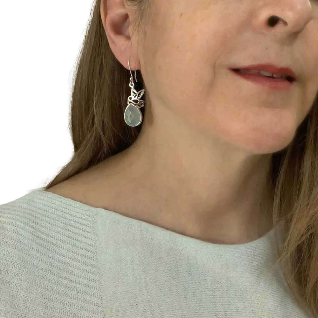 Chalcedony Hummingbird Silver Earrings with model - Nueve Sterling