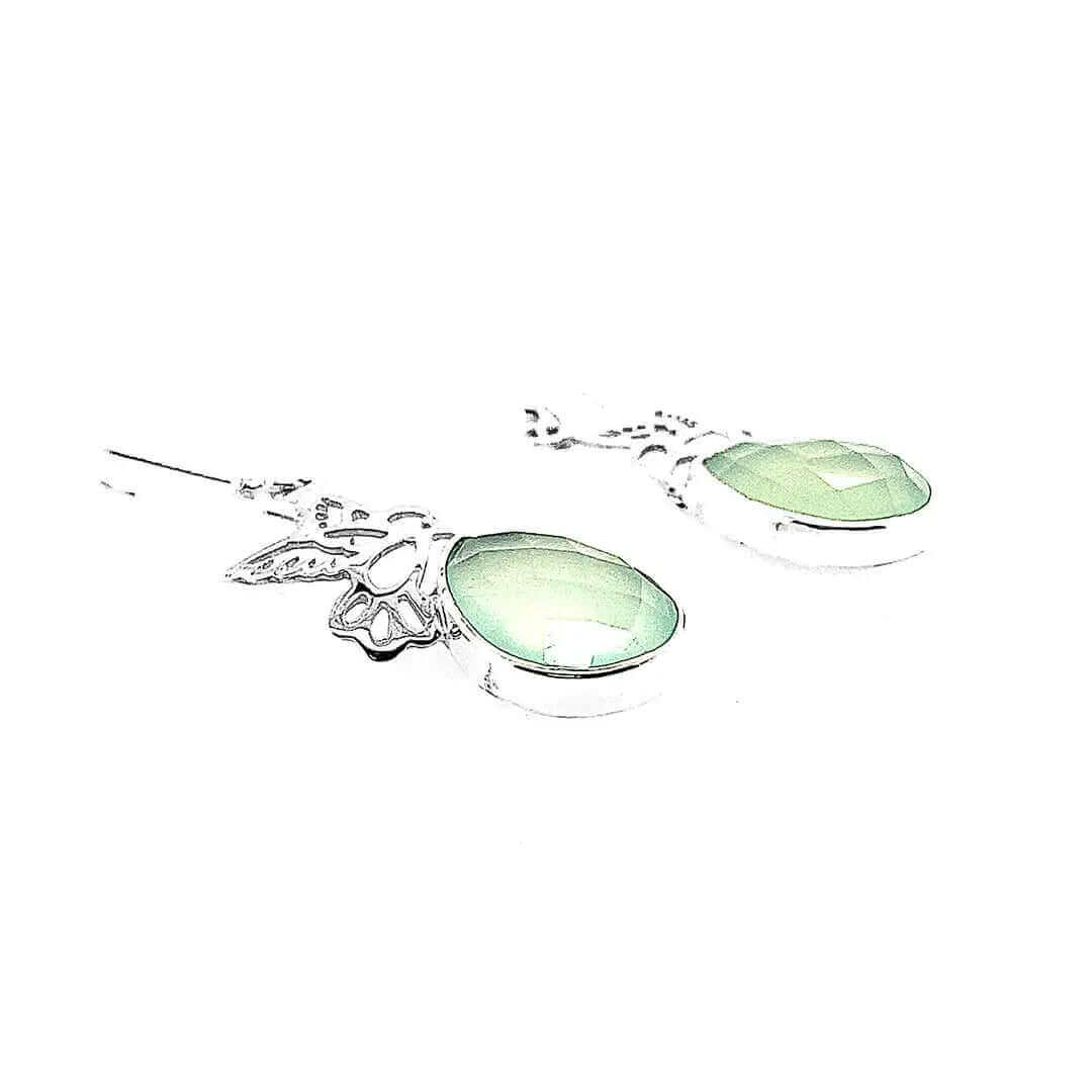 Chalcedony Hummingbird Silver Earrings flat - Nueve Sterling