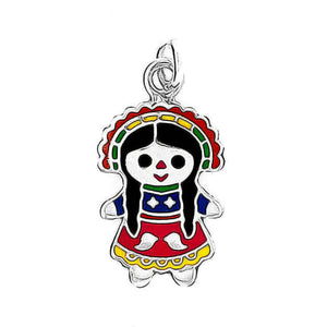 Charming Mexican Doll Enamel Silver Pendant - Nueve Sterling