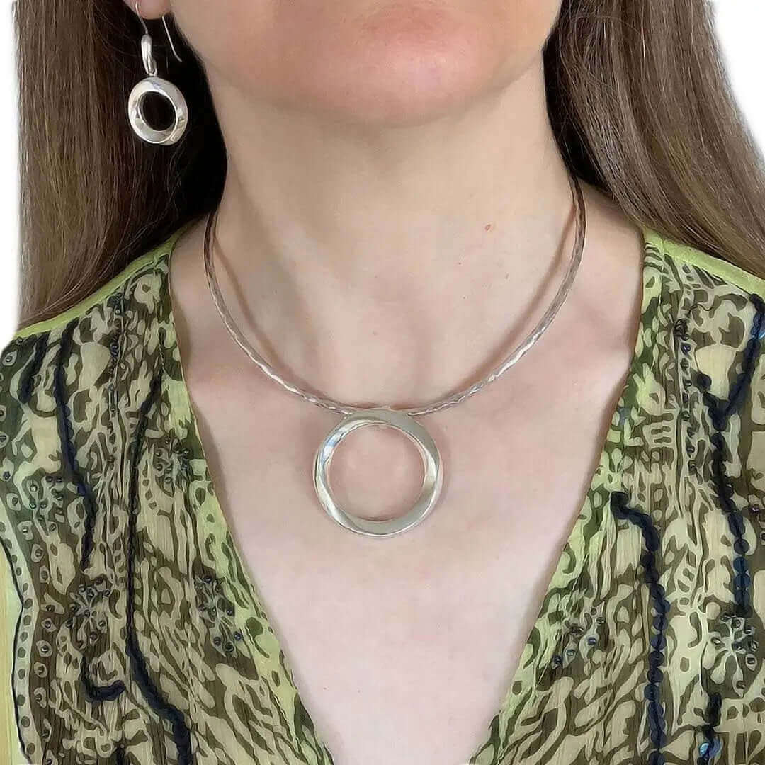 Circle Pendant In Silver with model - Nueve Sterling