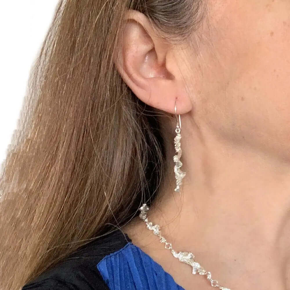 Crispy Flakes Silver Hook Earrings with model - Nueve Sterling