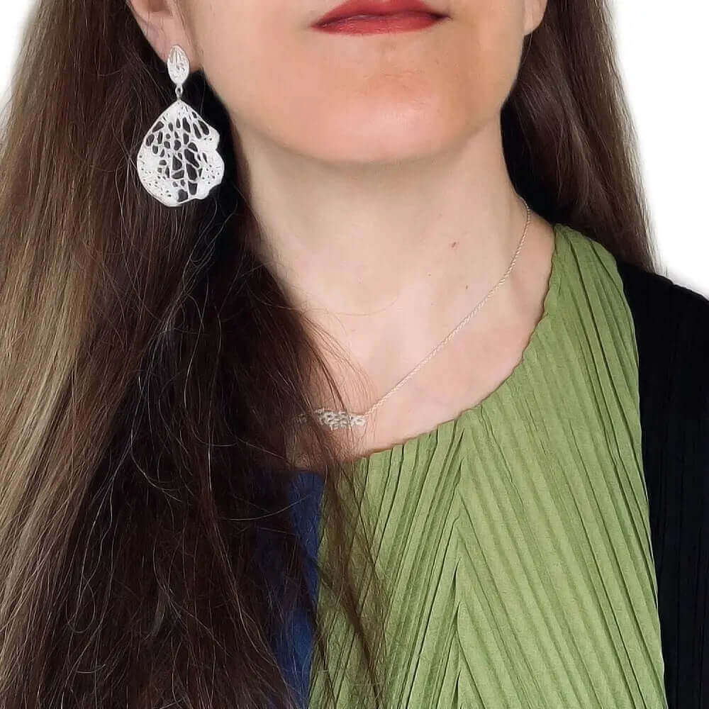 Dangling Autumn Leaves Silver Earrings with model - Nueve Sterling