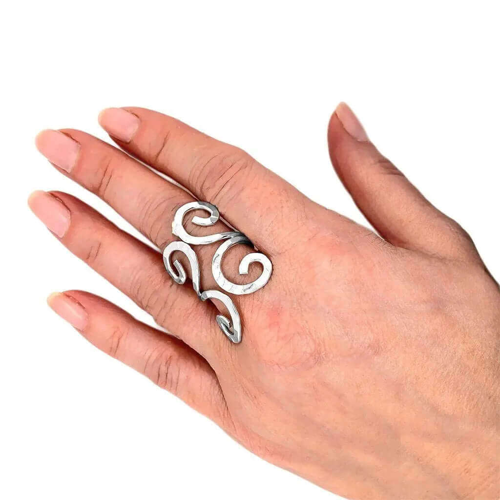 Double Swirl Silver Ring with model - Nueve Sterling