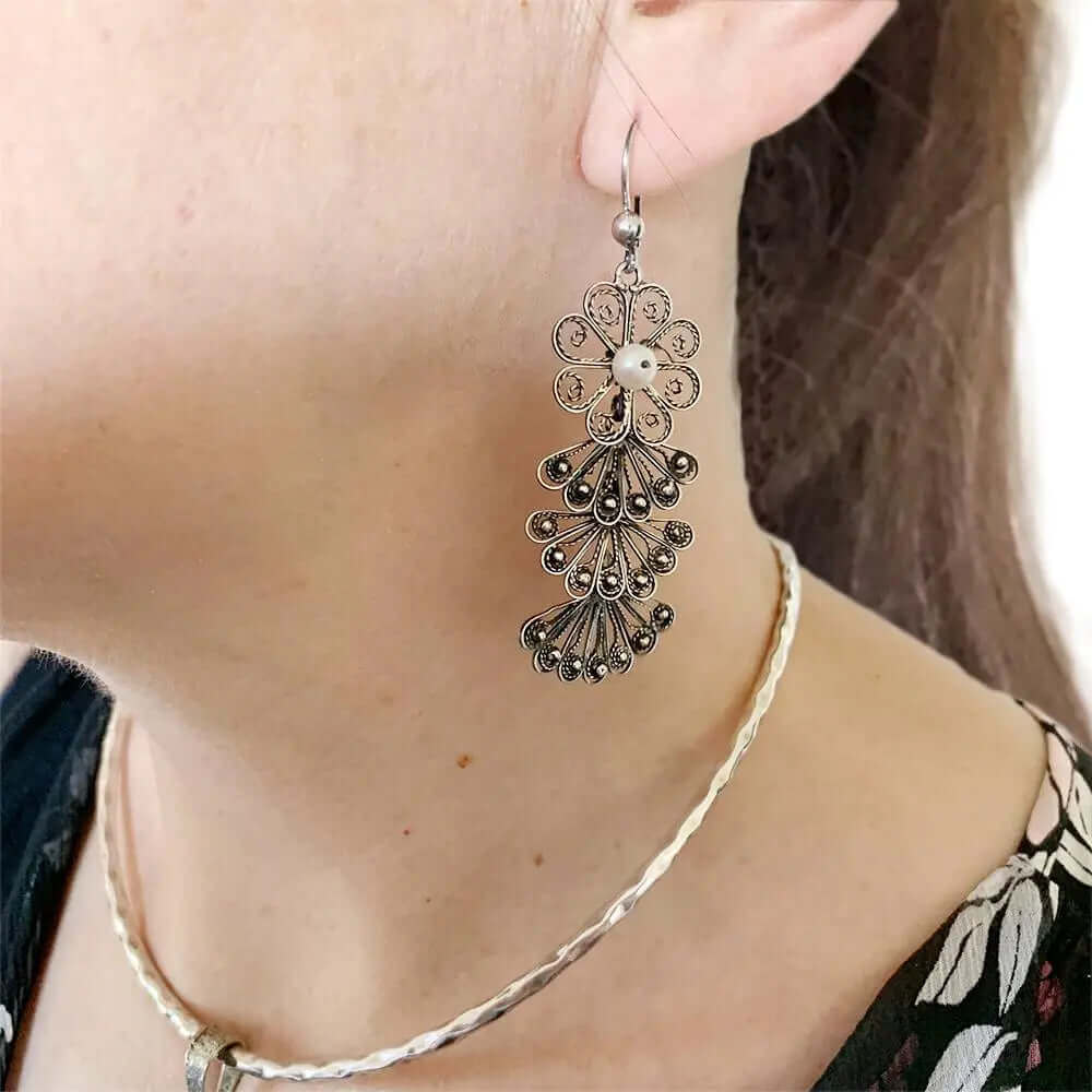 Fan Oxidized Silver Earrings with model - Nueve Sterling