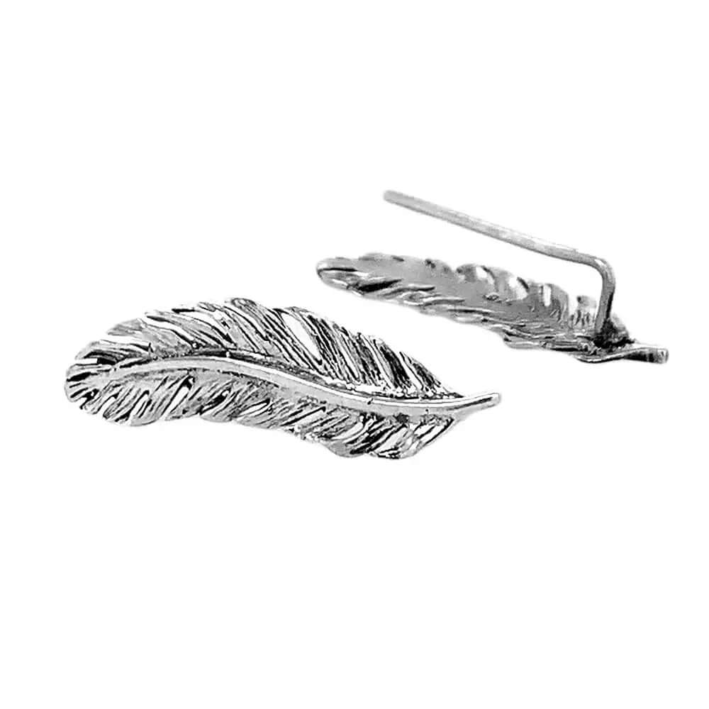 Feather-Silver-Climber-Earrings-flat-Nueve-Sterling