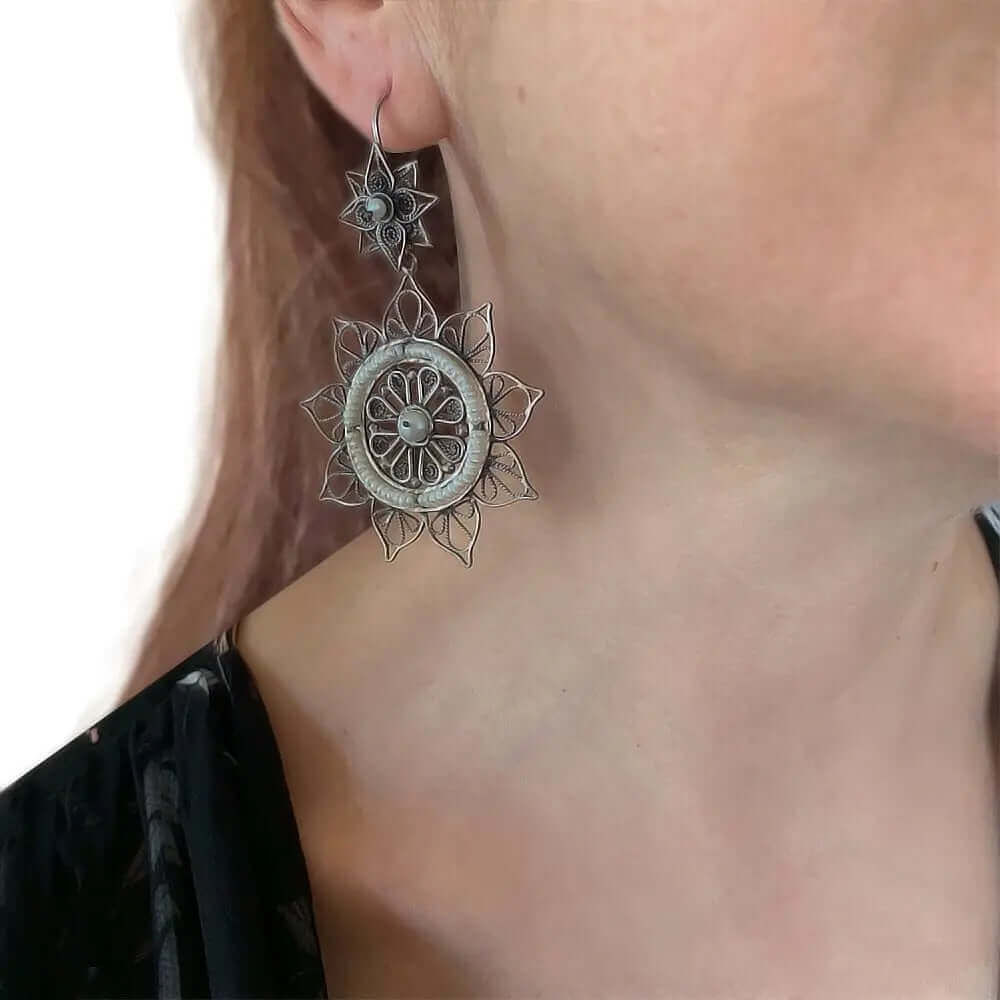 Filigree Mandala Silver Earrings with model - Nueve Sterling