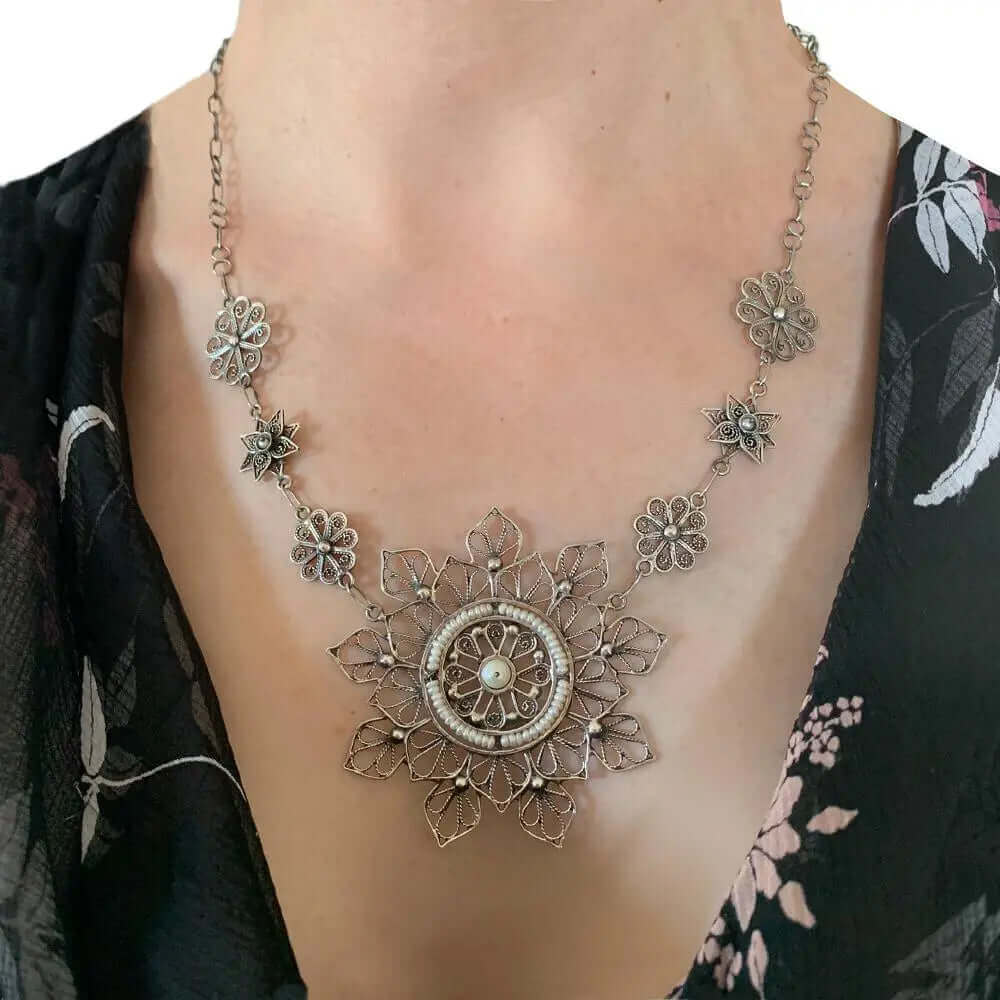 Filigree Mandala Silver Necklace with Pearls with model - Nueve Sterling