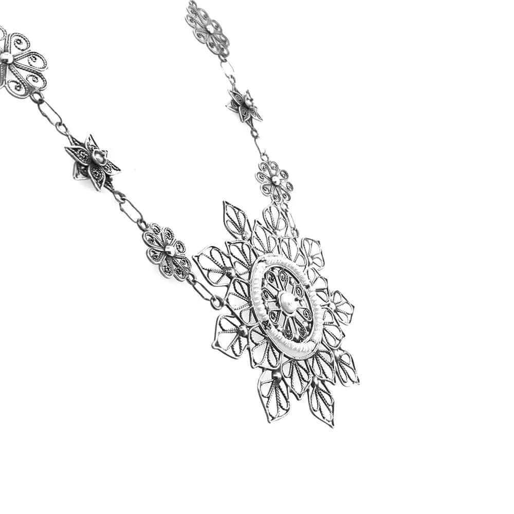 Filigree Mandala Silver Necklace with Pearls side - Nueve Sterling