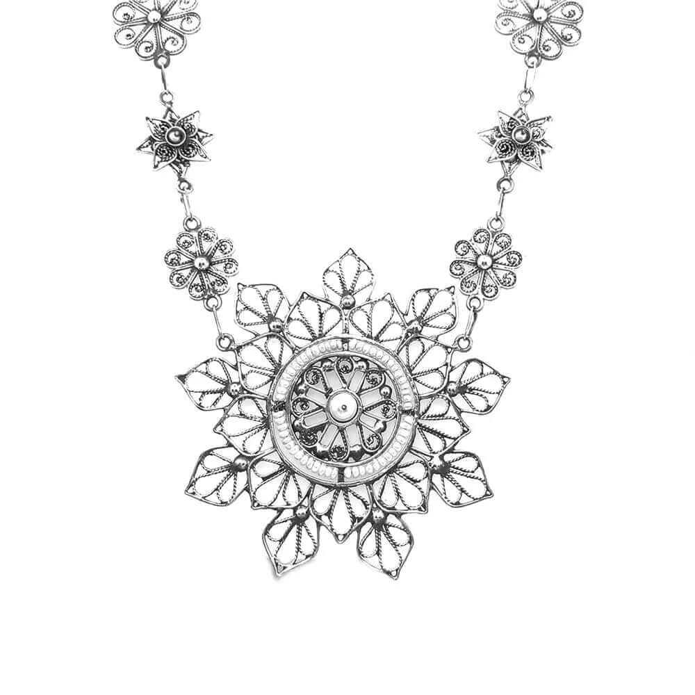 Filigree Mandala Silver Necklace with Pearls front