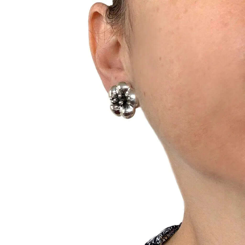 Flower Silver Earrings with model - Nueve Sterling