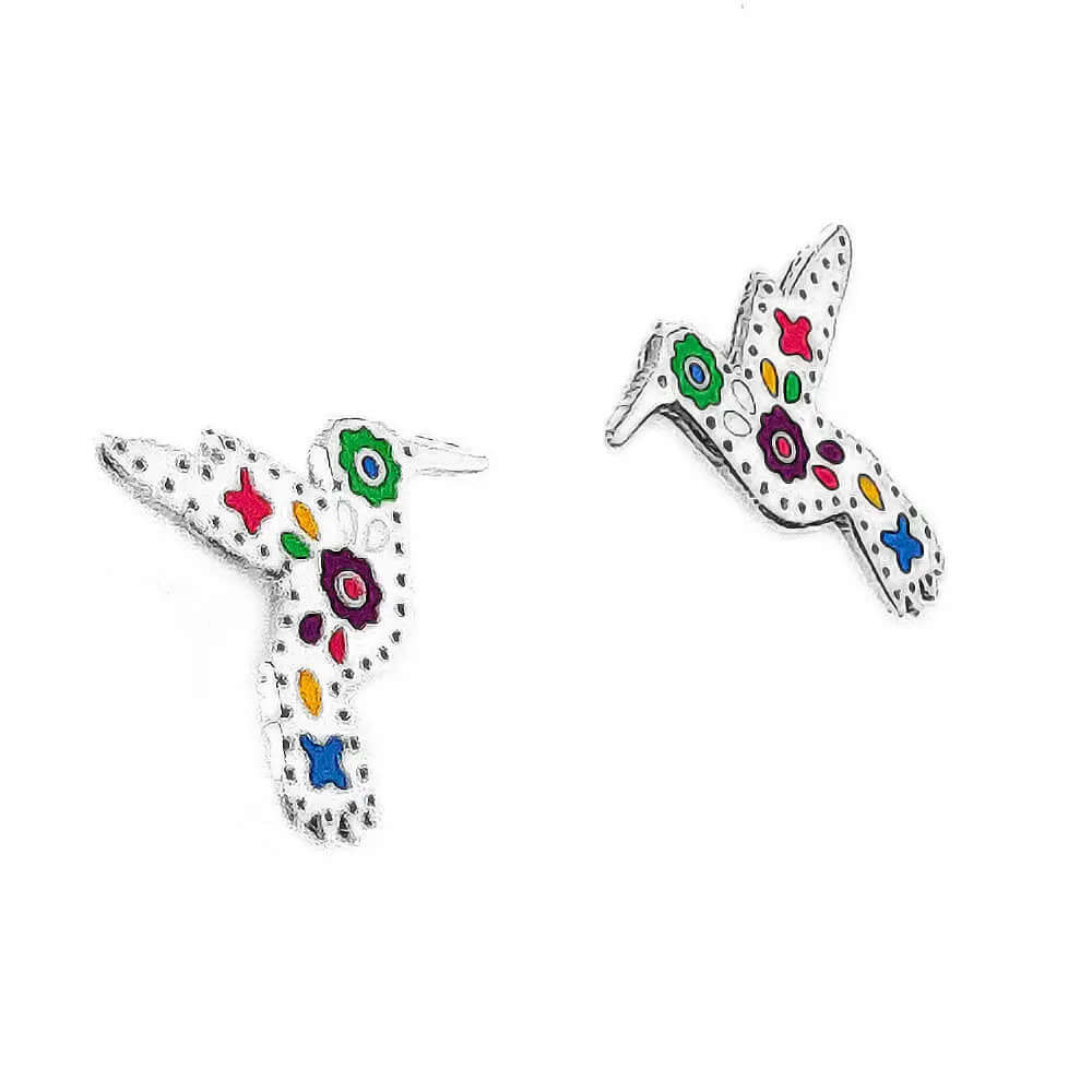 Hummingbird Enamel Silver Earrings side - Nueve Sterling