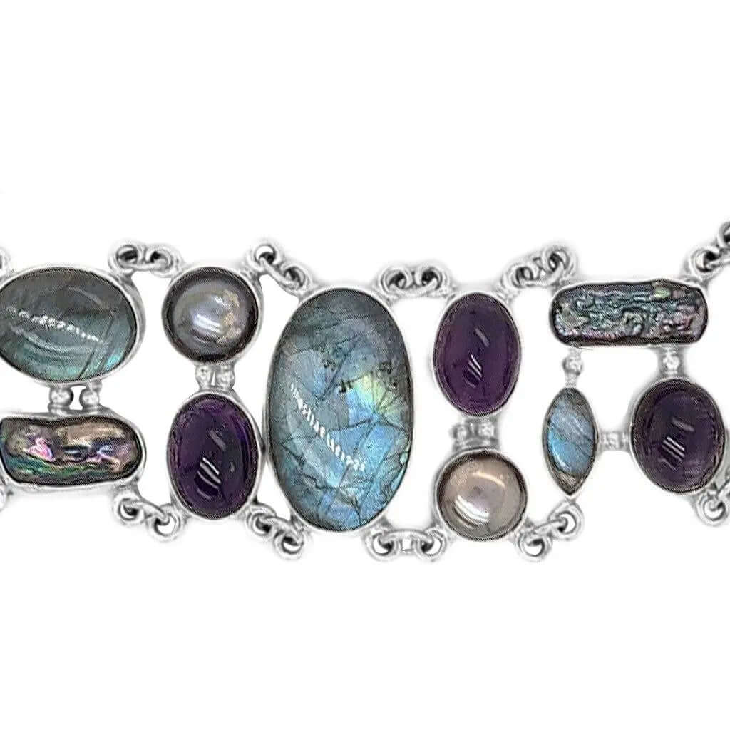 Labradorite Amethyst Pearl Silver Bracelet - Nueve Sterling