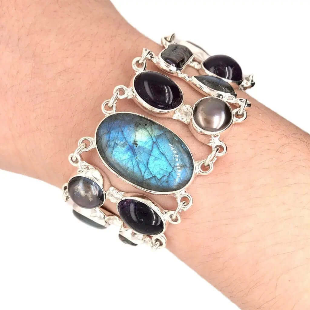 Labradorite Amethyst Pearl Silver Bracelet with model - Nueve Sterling