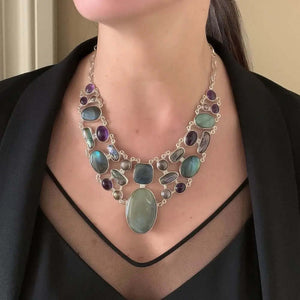Labradorite Amethyst Pearl Silver Necklace with model - Nueve Sterling
