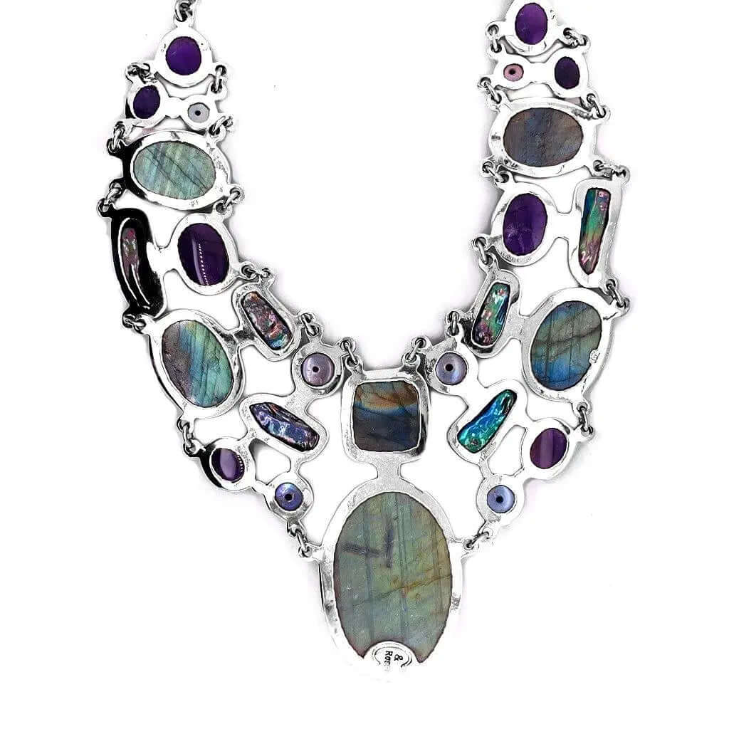 Labradorite Amethyst Pearl Silver Necklace back - Nueve Sterling