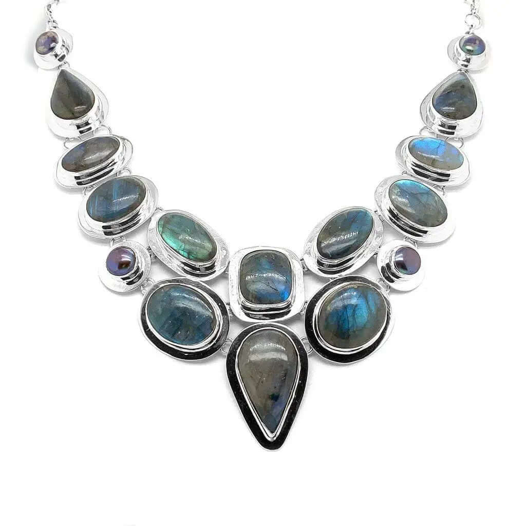 Labradorite Pearls Silver Necklace - Nueve Sterling
