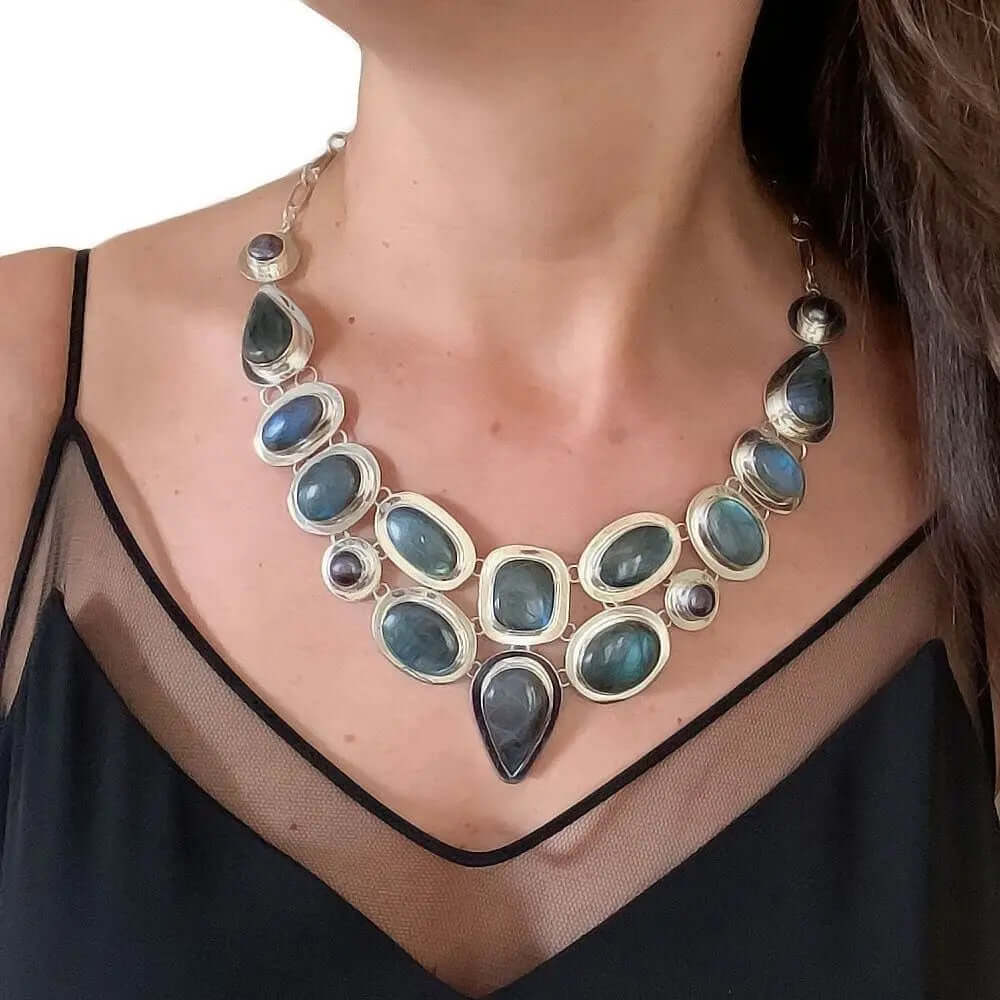 Labradorite Pearls Silver Necklace with model - Nueve Sterling