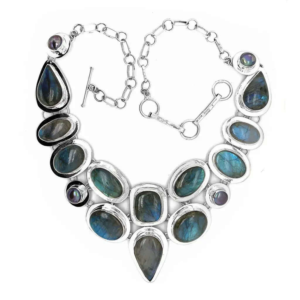 Labradorite Pearls Silver Necklace back - Nueve Sterling